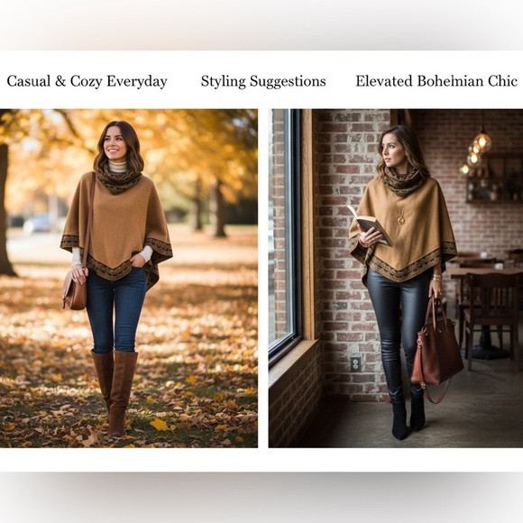 100% Baby Alpaca Knit Poncho Shawl Scarf Wrap Tan & Black - Picture 2 of 6